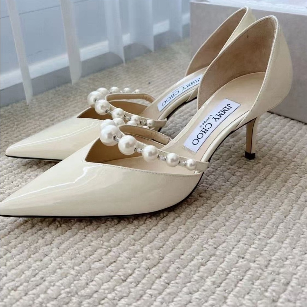 Jimmy Choo Ivory Pearl-Adorned Heels (see videos)